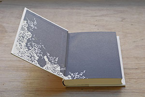 Goodbye Madame Butterfly interior — kimono pattern on the sparkly end pages which cost a crazy amount of money to print