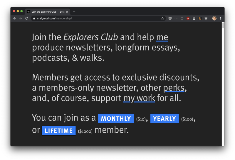 Explorers Club landing page, 2020