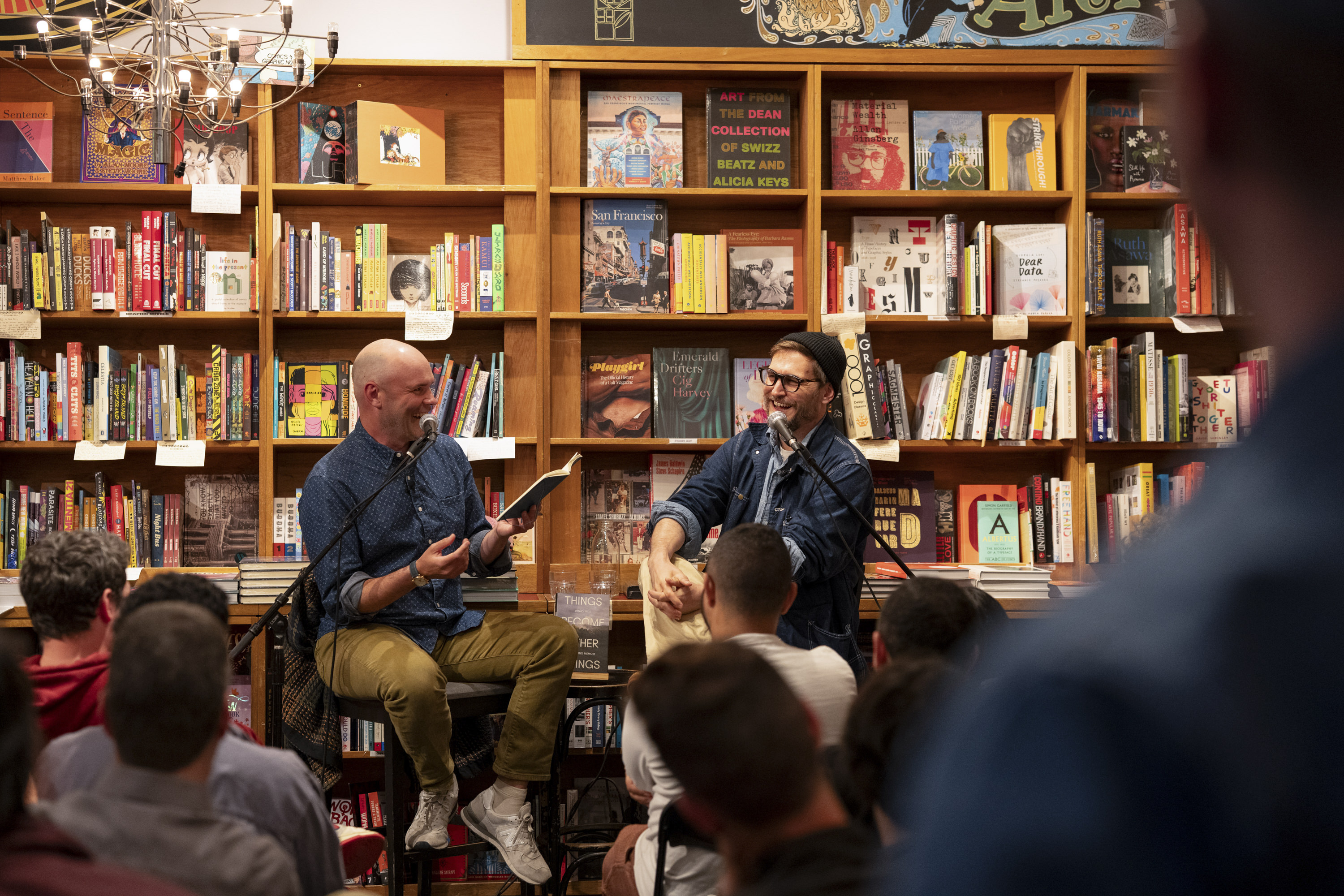 Robin Sloan and Craig Mod laughing in SF on the TBOT tour