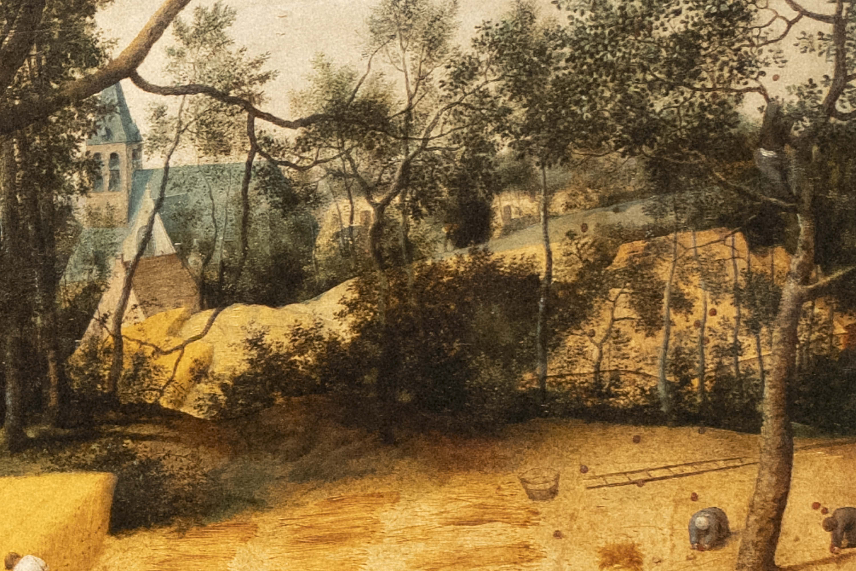 Pieter Bruegel's The Harvesters up close man in tree